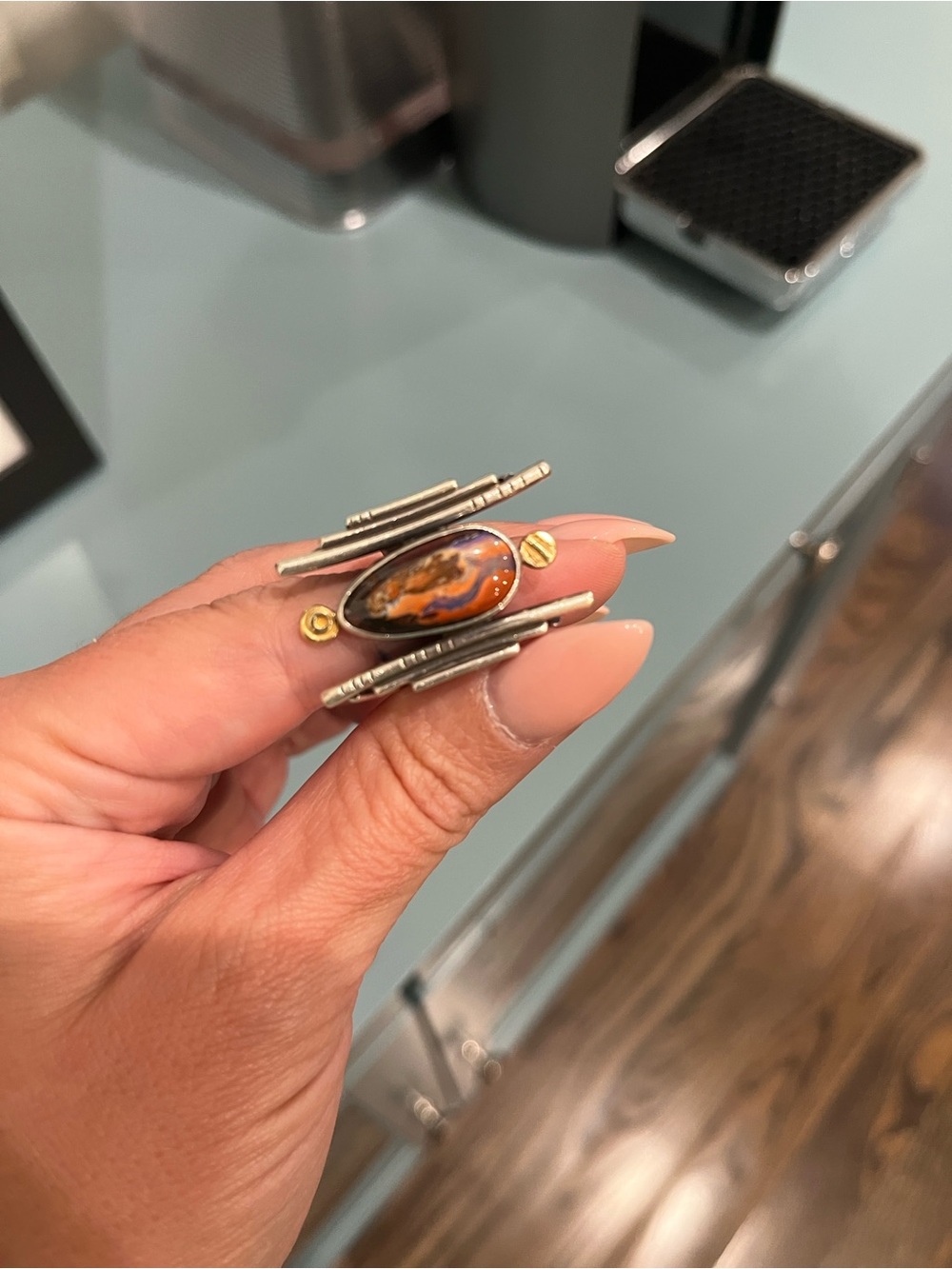 Sterling Silver Artisan Orange and Brown Stone Statement Ring